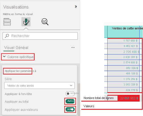Capture d’écran montrant comment définir les options Appliquer les paramètres pour utiliser les modifications de mise en forme sur l’en-tête de colonne, la ligne totale et toutes les valeurs.