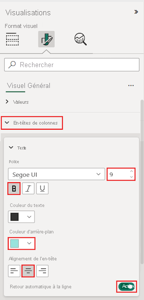 Capture d’écran des options d’en-tête de colonne de tableau dans la section Format du volet Visualisations.