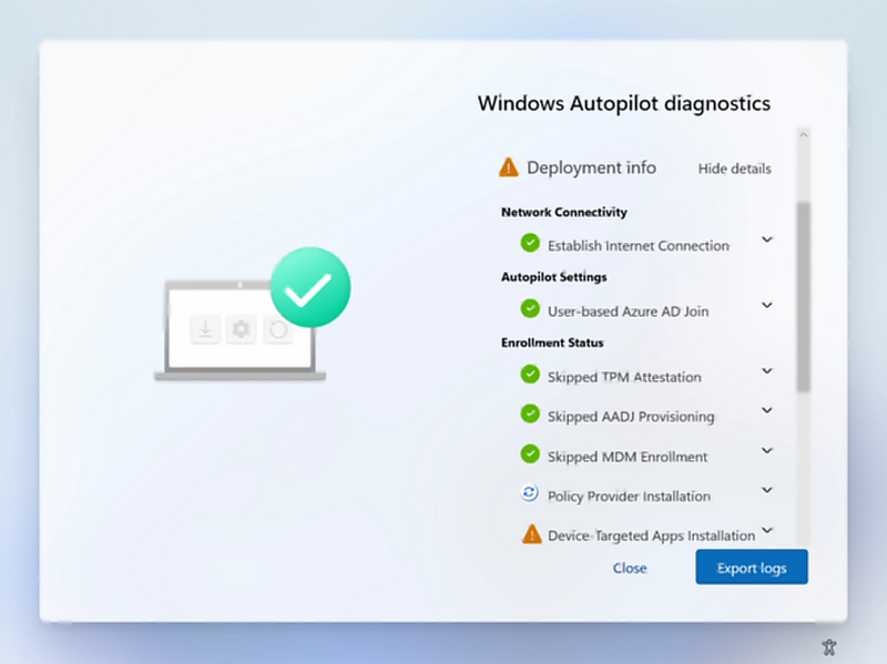 La page de diagnostics Windows Autopilot s’est développée pour afficher les détails.