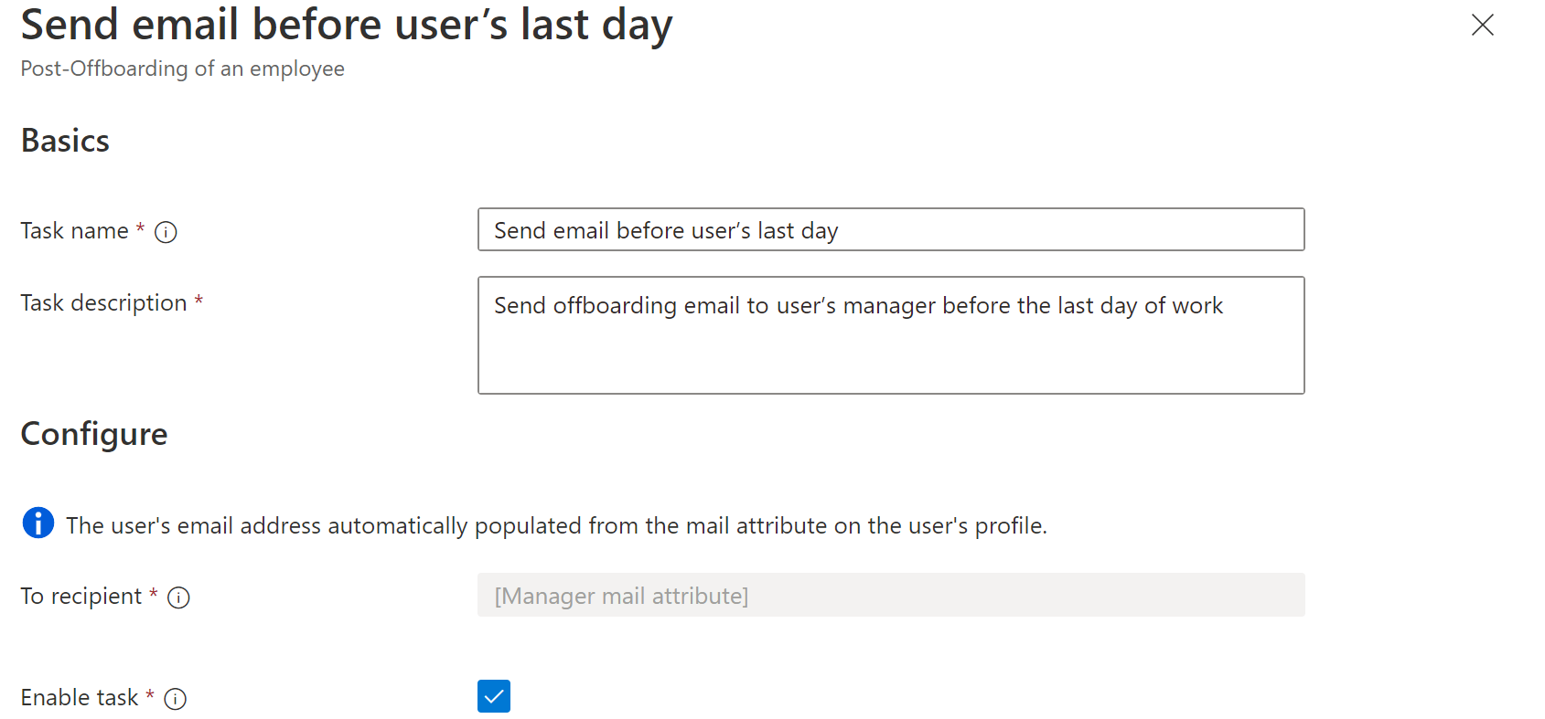 Capture d’écran de la tâche des workflows : Tâche Envoyer un e-mail avant le dernier jour de l’utilisateur.