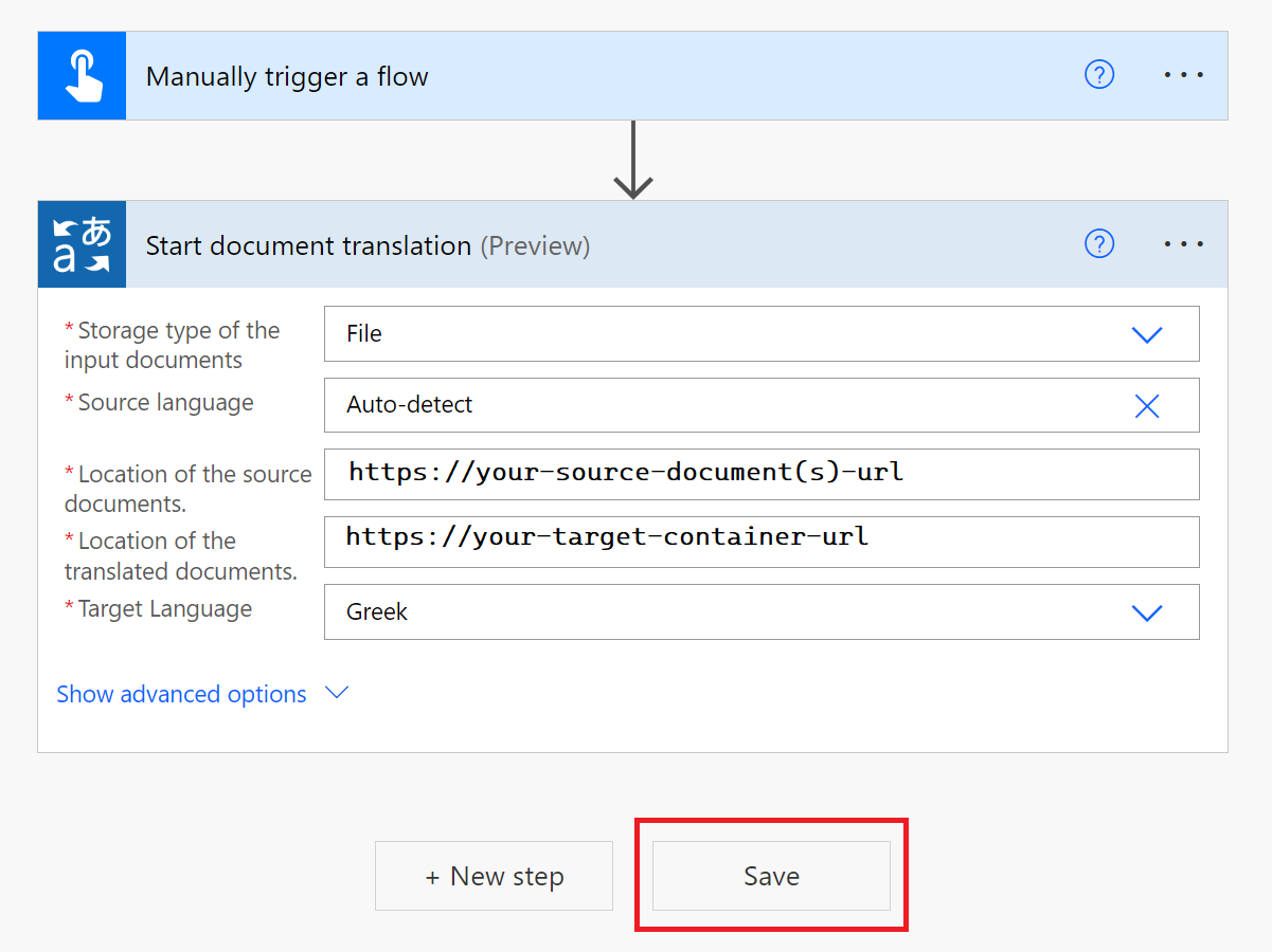 Capture d’écran de la fenêtre de dialogue Démarrer la traduction de documents.