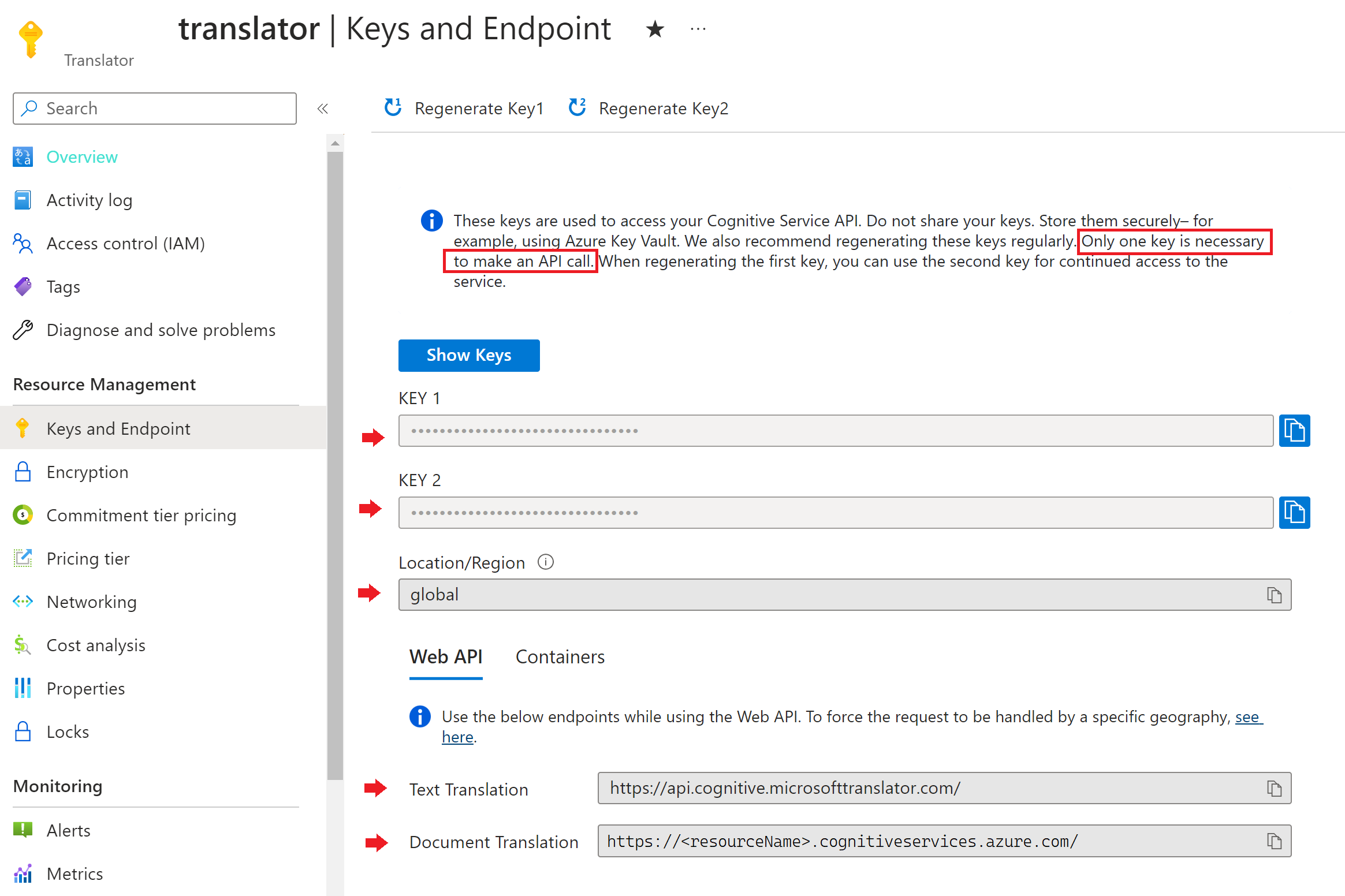 Capture d’écran de l’emplacement des clés et des points de terminaison sur le portail Azure.