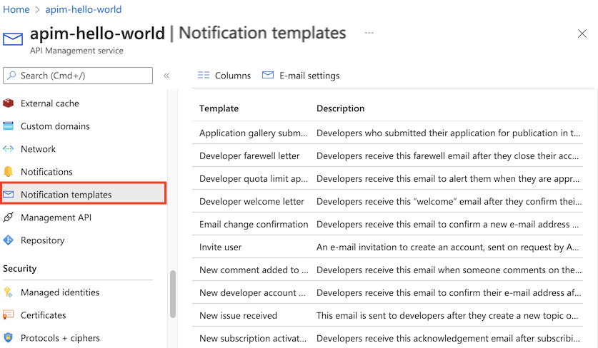 Capture d’écran des modèles de notification dans le portail.