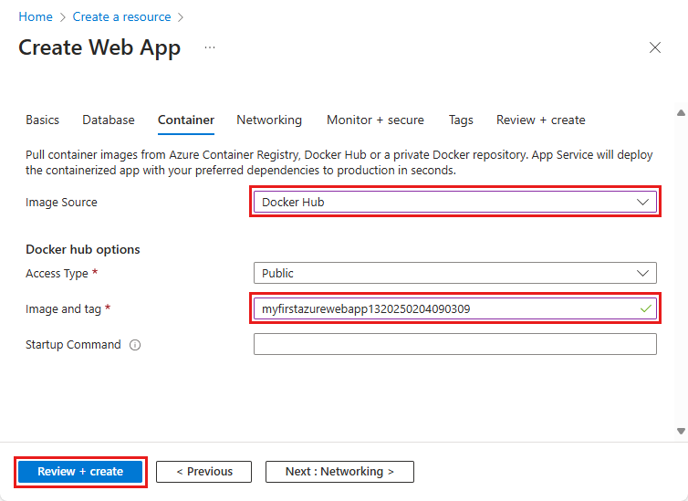 Capture d’écran de Configurer une application web pour conteneurs.