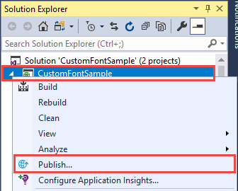 Capture d’écran de l’Explorateur de solutions montrant le projet CustomFontSample avec l’élément Publier sélectionné.