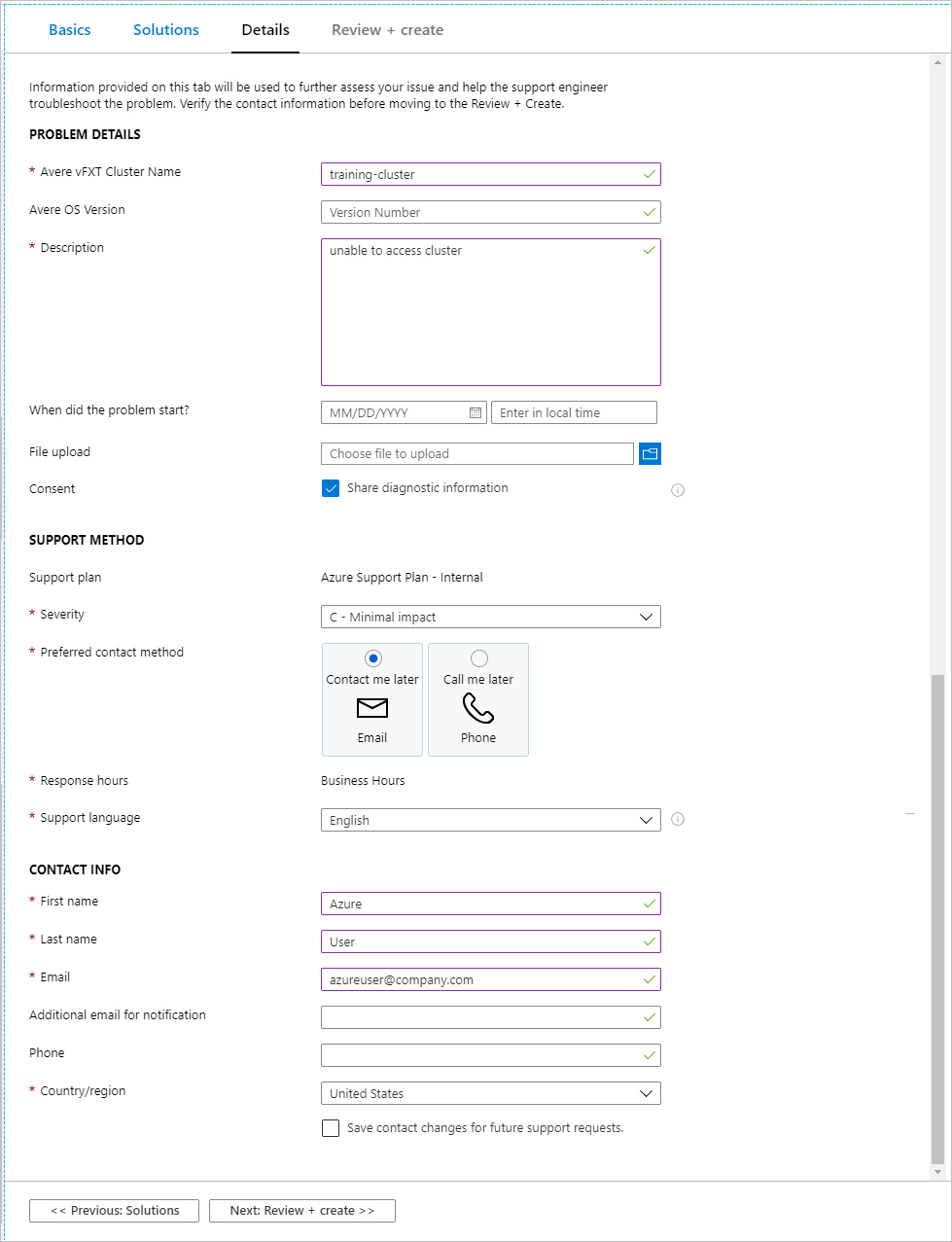 screenshot of the new support request screen with the Details tab selected. Information fields are organized into the categories 'Problem details', 'Support method', and 