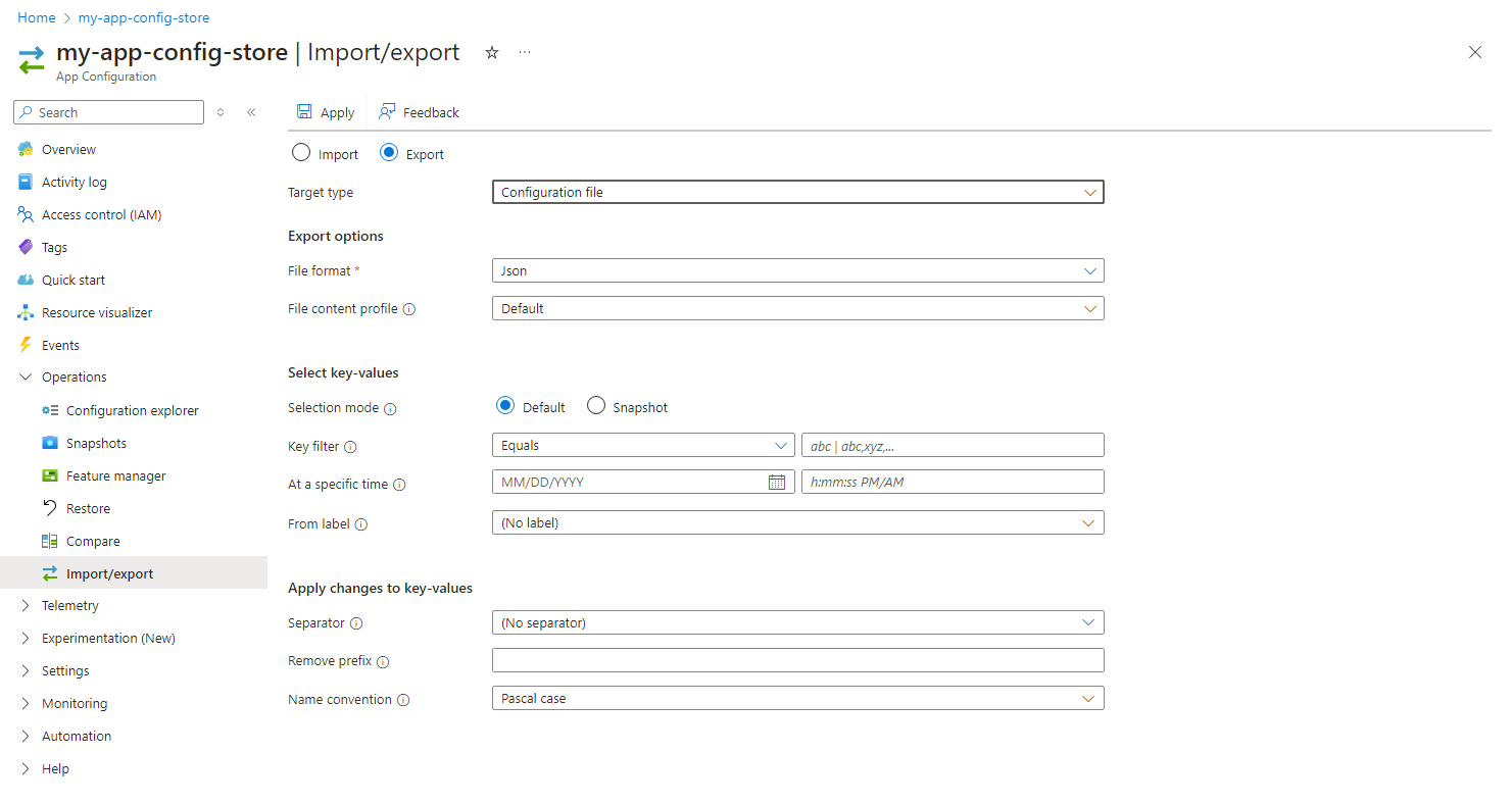 Capture d’écran du portail Azure, exportation d’un fichier.