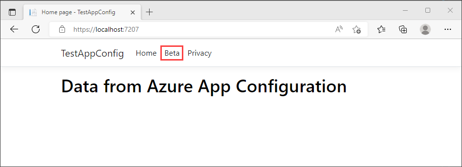 Capture d’écran d’un navigateur ouvert à localhost :7207. Le texte de la page indique les données d’Azure App Configuration. Un menu bêta est mis en surbrillance.