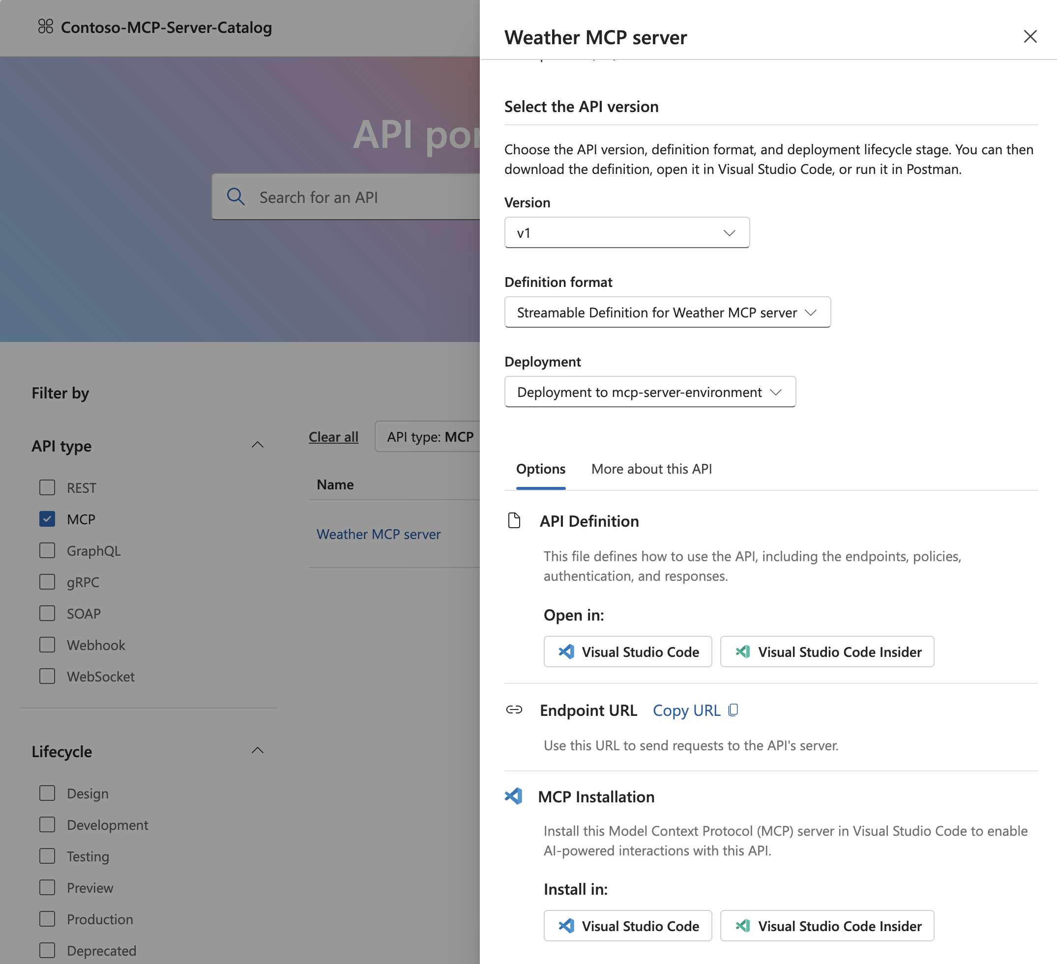 Informations sur le serveur dans le portail du Centre des API