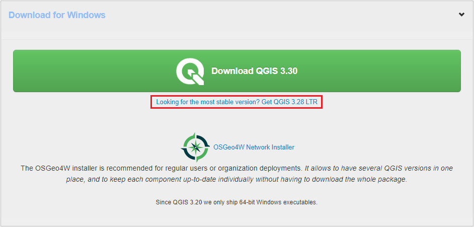 Capture d’écran de la page de téléchargement QGIS avec le lien En quête de la version la plus table encadré en rouge.