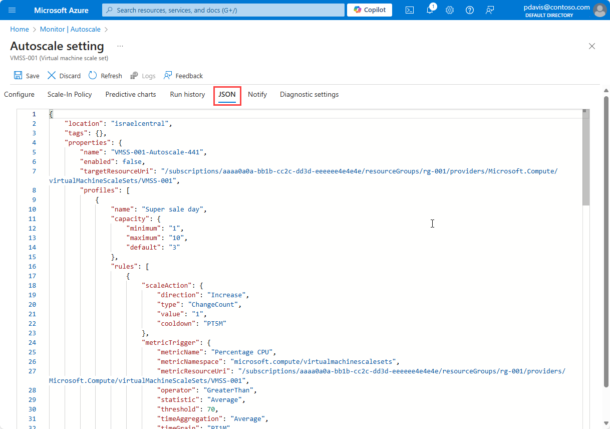 Capture d’écran montrant l’onglet JSON des paramètres de mise à l’échelle automatique.