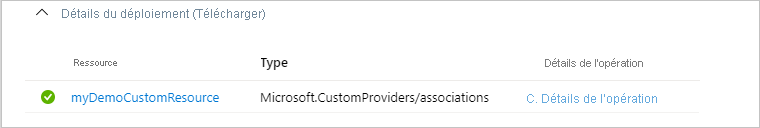 Capture d’écran du Portail Azure affichant le déploiement réussi d’une nouvelle ressource d’associations.