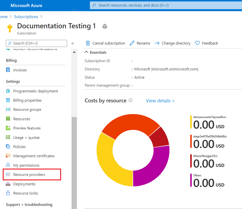 Screenshot of selecting resource providers in the Azure portal.