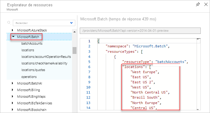 Screenshot of displaying valid locations for a resource type in the Azure Resource Explorer.