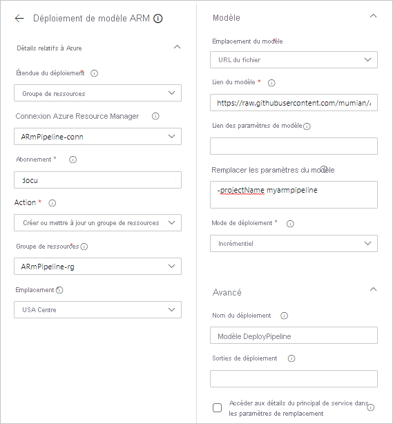 Screenshot of the ARM template deployment page with required values entered for Azure DevOps Azure Pipelines.