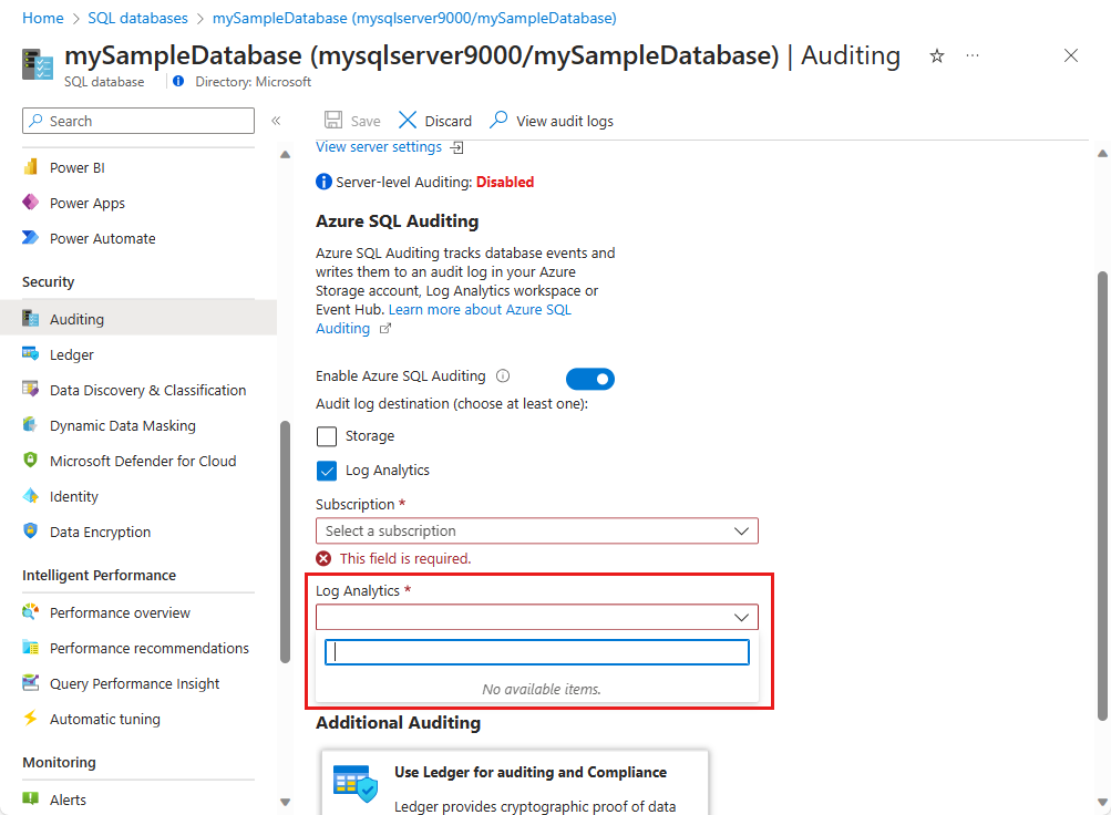 Capture d’écran montrant l’espace de travail Log Analytics.