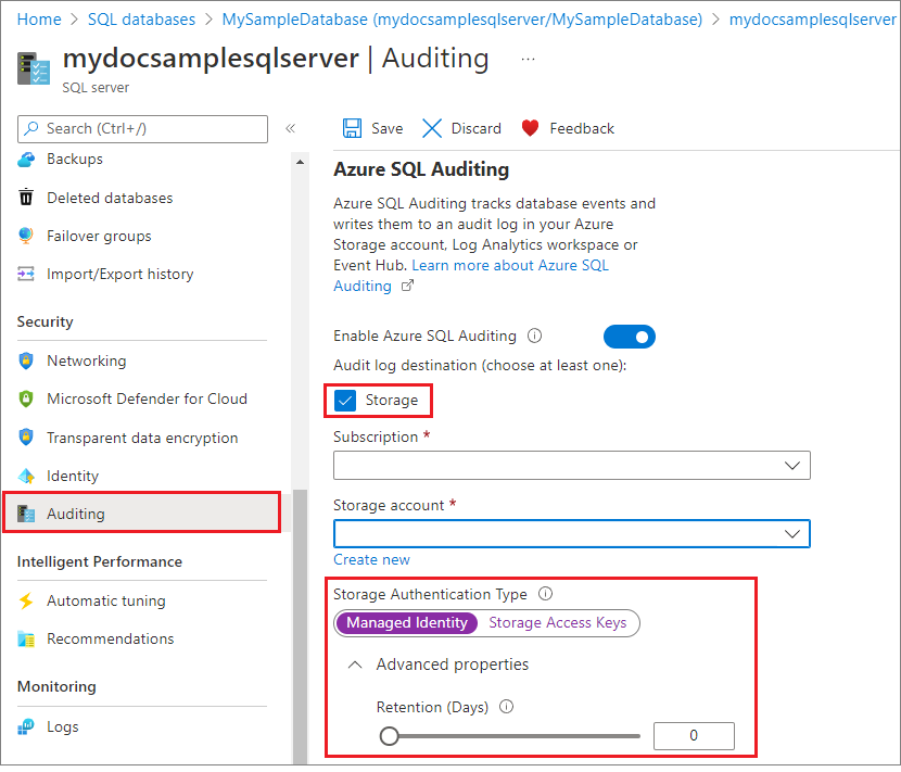 Capture d’écran montrant les types de d’authentification de compte de stockage pour l’audit.