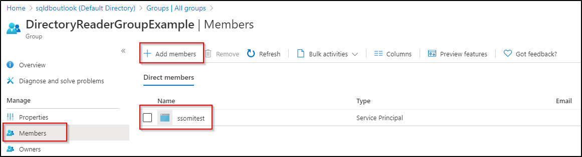 Capture d’écran de la page Membres pour une ressource Microsoft Entra avec les options permettant d’ajouter une instance managée SQL en tant que nouveau membre mises en évidence.