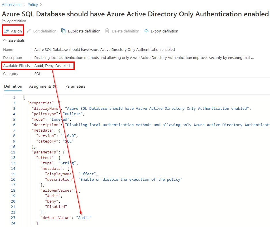 Capture d’écran de l’affectation de stratégie Azure pour l’authentification Azure AD uniquement