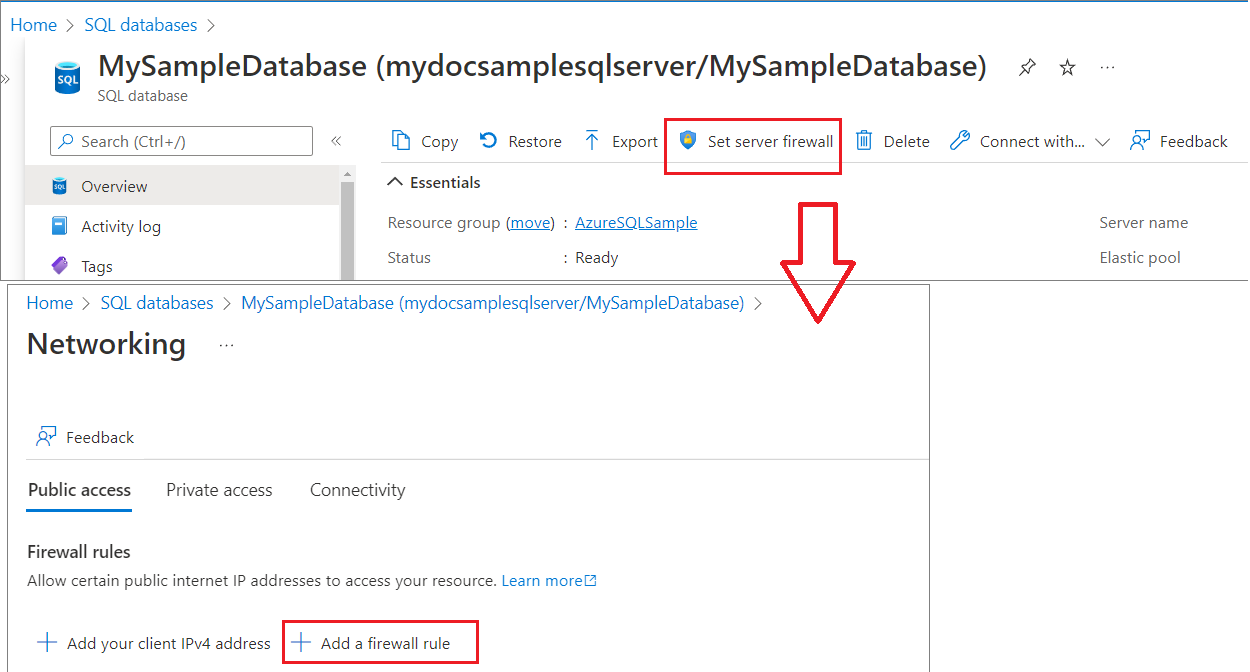 Capture d’écran du portail Azure montrant la page du pare-feu, avec la règle de pare-feu IP au niveau du serveur mise en évidence.