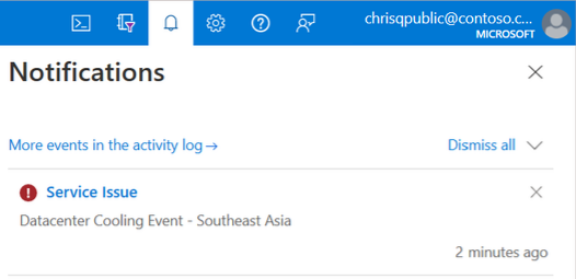 Capture d’écran du portail Azure d'une notification d'un problème lié au service Azure SQL Managed Instance.