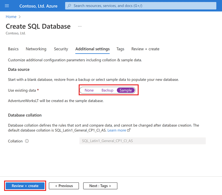 Capture de l’écran « Paramètres supplémentaires » pour créer une base de données dans Azure SQL Database, permettant de sélectionner un échantillon de données.