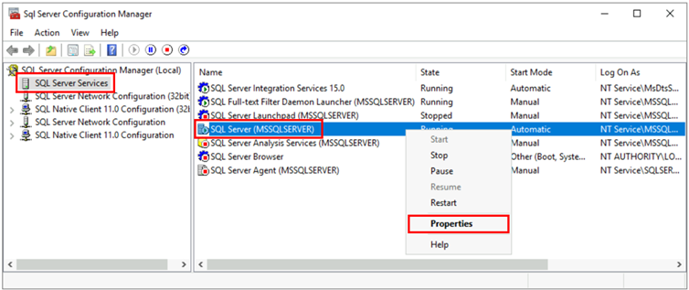 Capture d’écran montrant le Gestionnaire de configuration SQL Server, avec des sélections pour l’ouverture de propriétés pour le service.