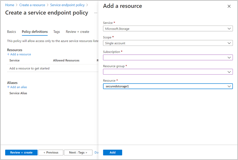 Ajouter une ressource à une stratégie de point de terminaison de service