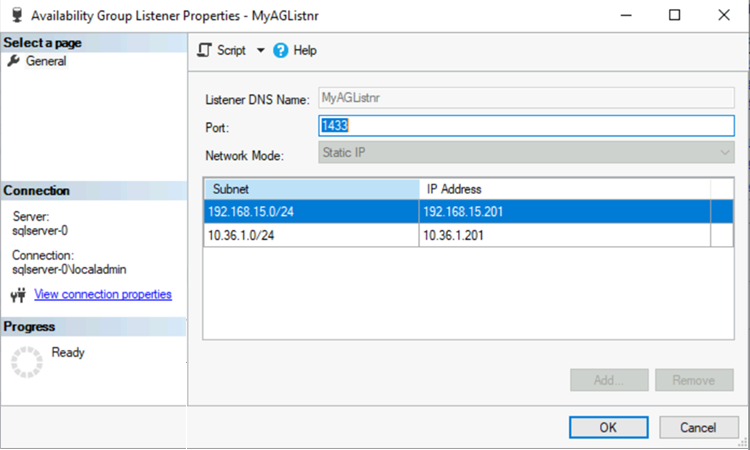 Capture d’écran de la fenêtre Propriétés de l’écouteur du groupe de disponibilité dans SSMS, montrant les deux adresses IP utilisées pour l’écouteur.