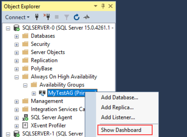 Capture d’écran de l’Explorateur d’objets dans SSMS montrant les sélections à effectuer pour ouvrir un tableau de bord pour un groupe de disponibilité.