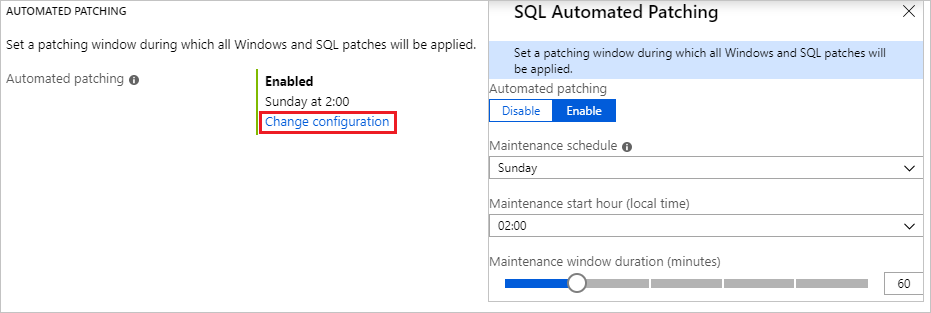 Capture d’écran de la mise à jour corrective automatisée des machines virtuelles SQL dans le Portail Azure.