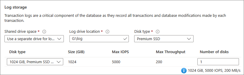 Capture d’écran montrant où vous pouvez configurer le stockage des journaux des transactions pour votre machine virtuelle SQL.