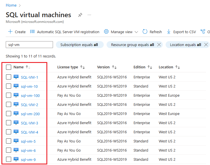 Capture d’écran du portail Azure, page de ressources Machines virtuelles SQL, avec une machine virtuelle sélectionnée.