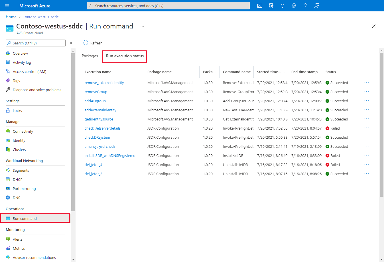 Capture d’écran montrant l’onglet de l’état de l’exécution de Run Command.