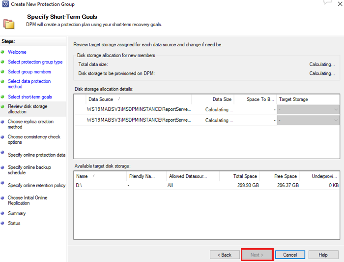 Capture d’écran montrant comment configurer l’allocation de disque dans MABS.