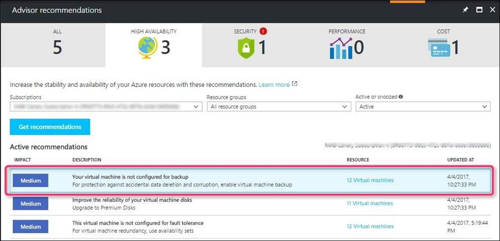 Capture d’écran montrant la page Azure Advisor.