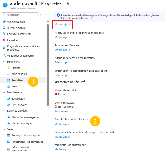 Capture d’écran montrant les propriétés du coffre Recovery Services.