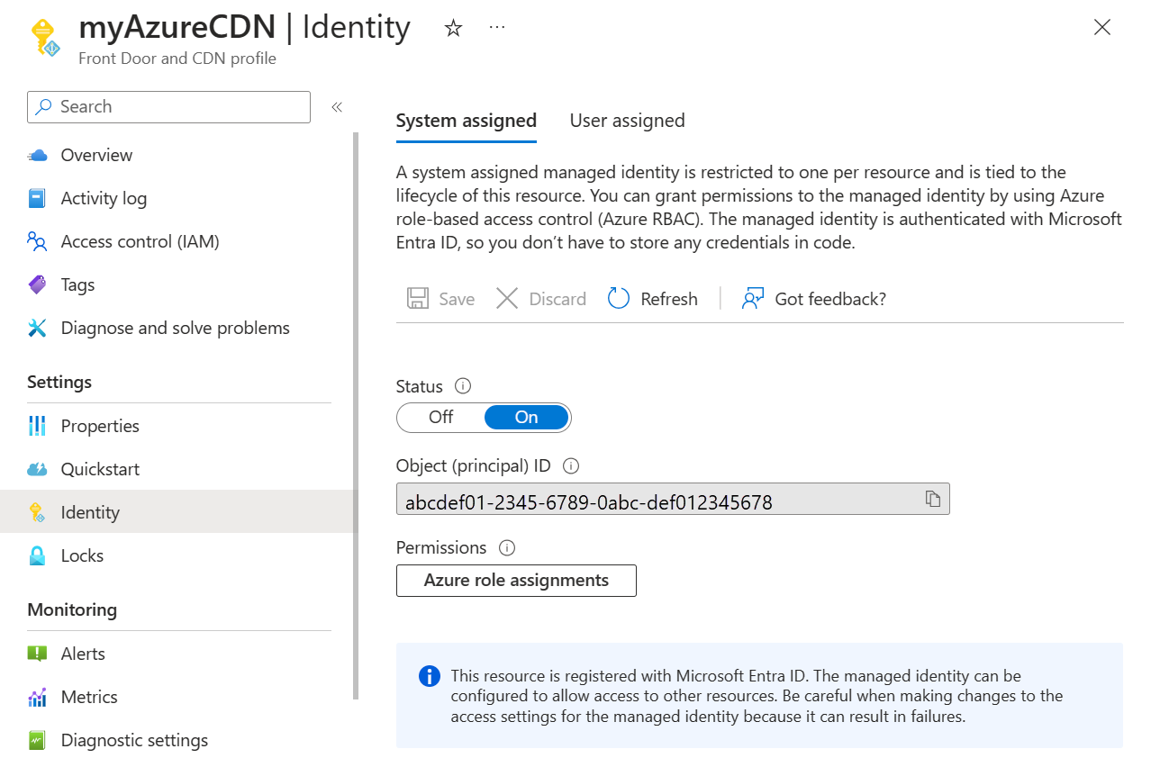 Capture d’écran de l’identité managée affectée par le système qui est inscrite auprès de Microsoft Entra ID.