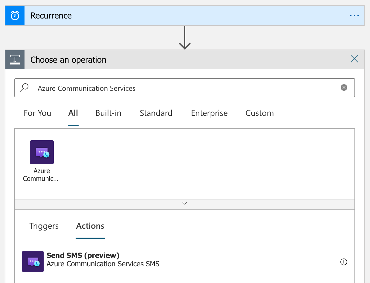 Capture d’écran montrant le concepteur d’application logique et le connecteur Azure Communication Services avec l’action Envoyer un SMS sélectionnée