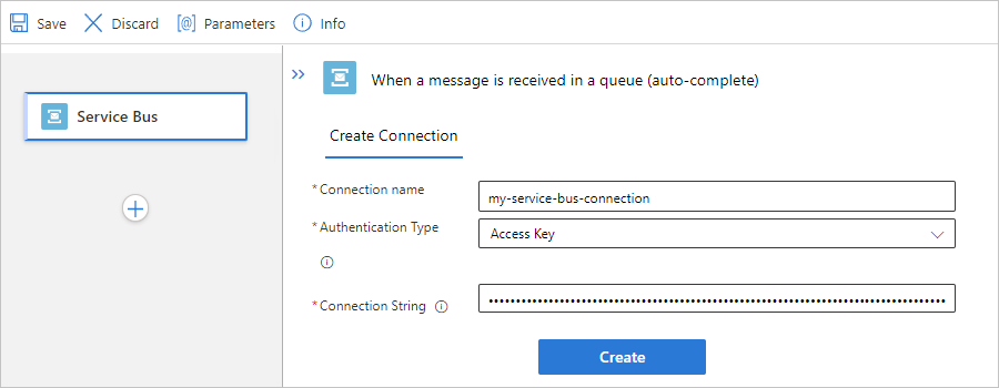 Capture d’écran montrant un workflow standard, un déclencheur managé Service Bus et un exemple d’informations de connexion.