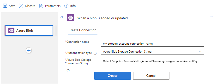 Capture d’écran montrant un flux de travail standard, un déclencheur intégré Blob Azure et un exemple d’informations de connexion.
