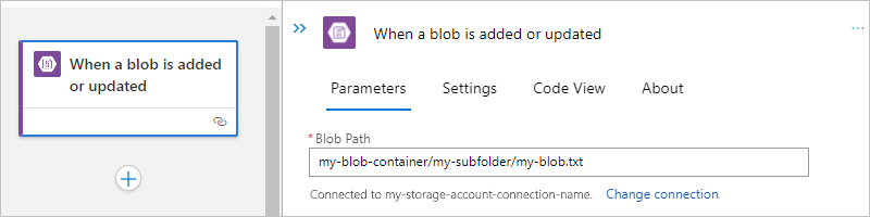 Capture d'écran montrant un flux de travail standard avec le déclencheur intégré Blob Azure configuré pour un sous-dossier et un blob spécifique.