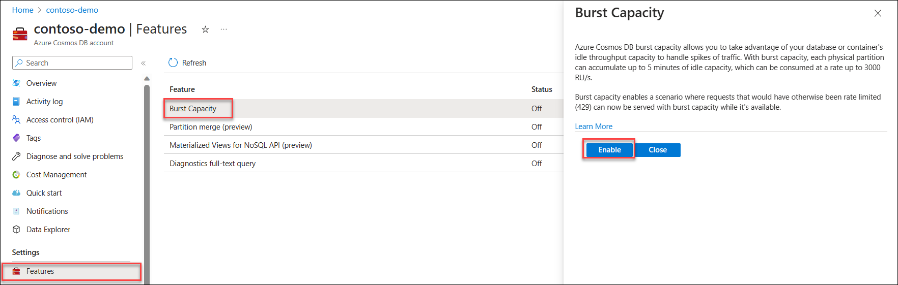 Capture d’écran de la fonctionnalité Capacité de rafale dans la page Fonctionnalités d’un compte Azure Cosmos DB.