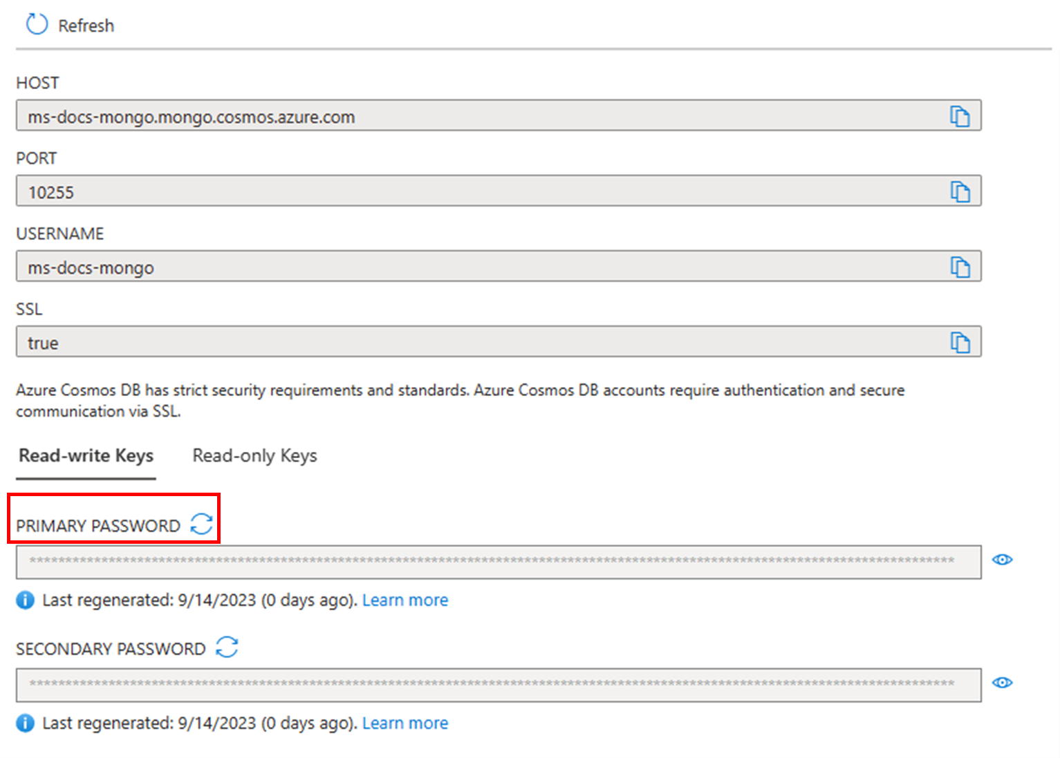 Capture d’écran montrant comment régénérer la clé primaire dans le Portail Azure lorsqu’elle est utilisée avec MongoDB.