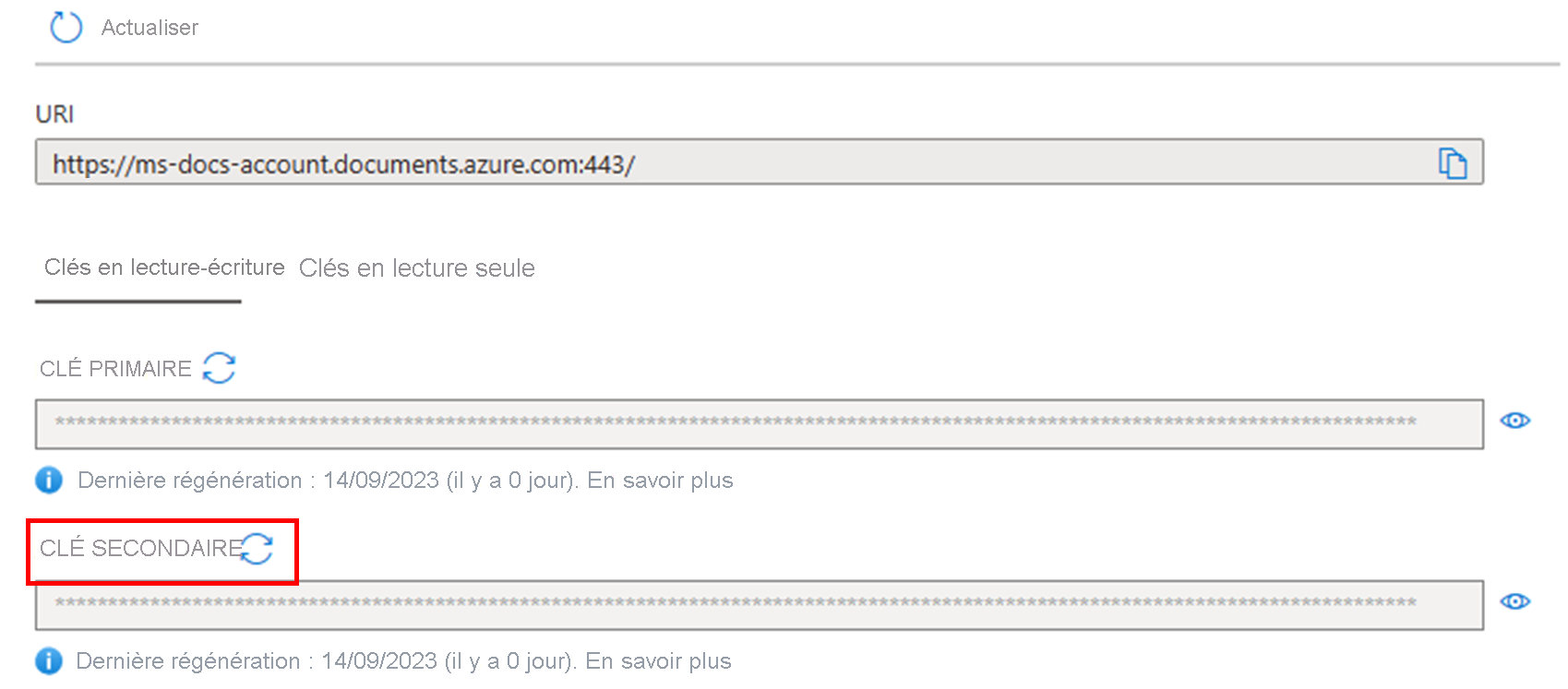 Capture d’écran montrant comment régénérer la clé secondaire dans le Portail Azure lorsqu’elle est utilisée avec l’API NoSQL.