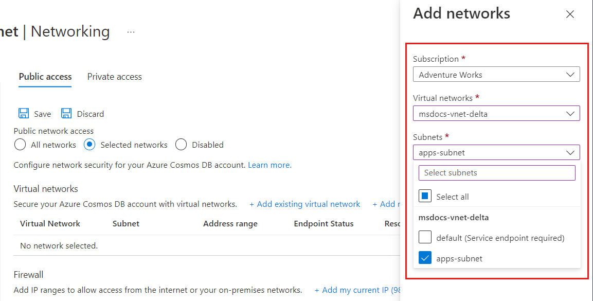 Capture d’écran de la boîte de dialogue de sélection d’un réseau virtuel et d’un sous-réseau avec un point de terminaison de service pour Azure Cosmos DB.