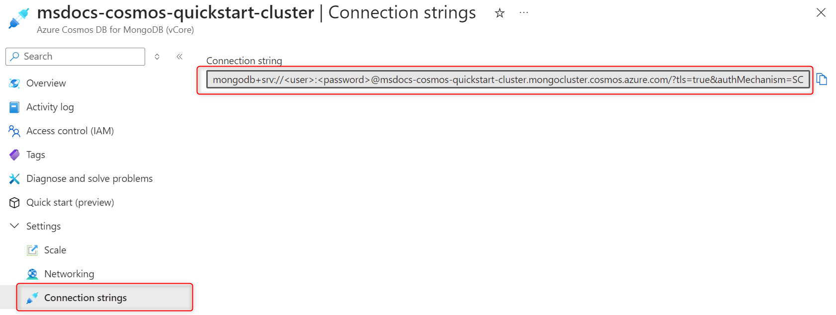 Capture d’écran de l’option chaîne de connexion sur la page d’un cluster.