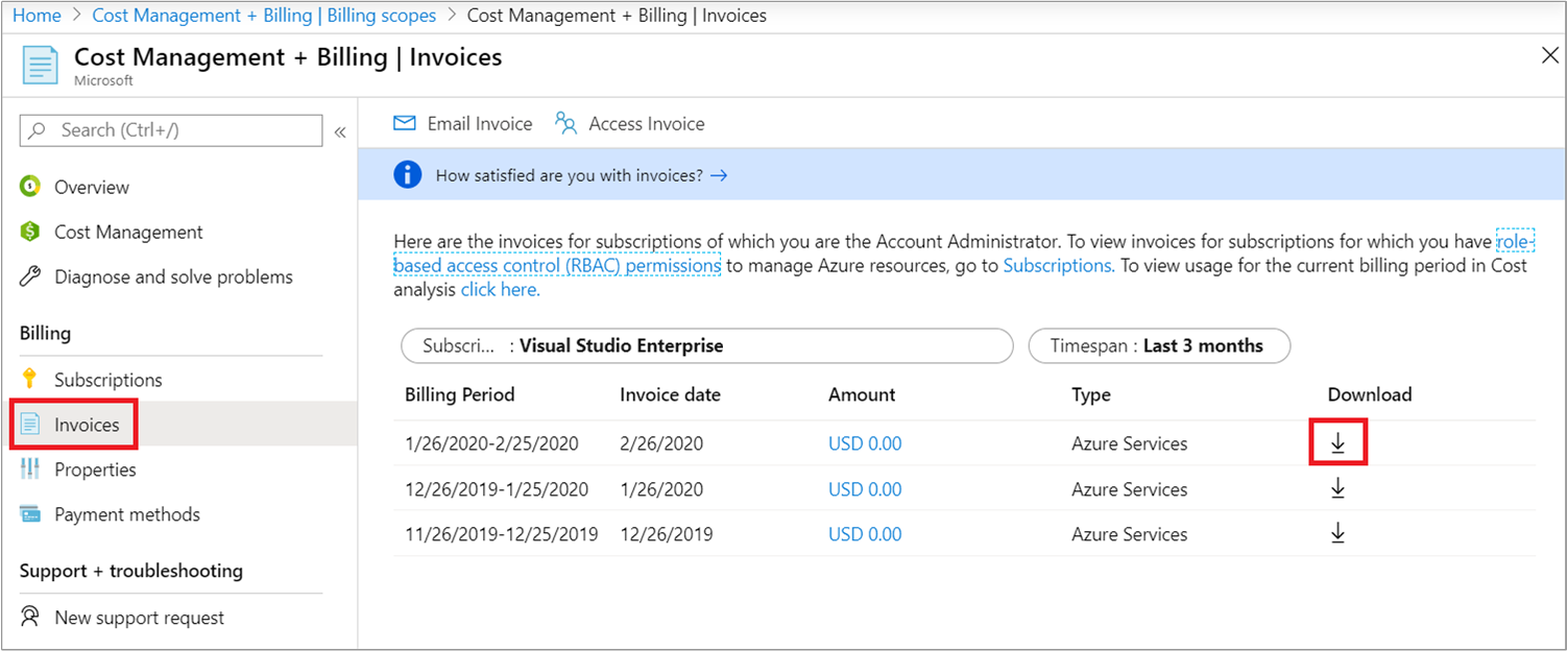 Capture d’écran montrant la page Factures de Cost Management + Facturation avec l’option de téléchargement.