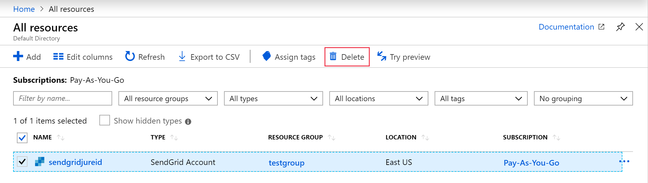 Capture d’écran montrant la page Toutes les ressources dans laquelle vous sélectionnez Supprimer.