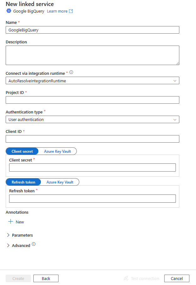 Capture d’écran de la configuration du service lié pour Google BigQuery.